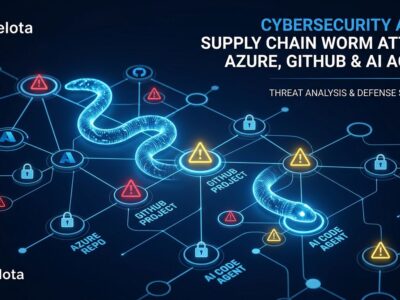 Digital network visualization showing the Miasma supply chain worm propagating through Microsoft Azure GitHub repositories, with warning symbols and lock icons on a dark blue background