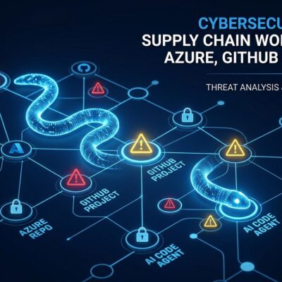 Digital network visualization showing the Miasma supply chain worm propagating through Microsoft Azure GitHub repositories, with warning symbols and lock icons on a dark blue background