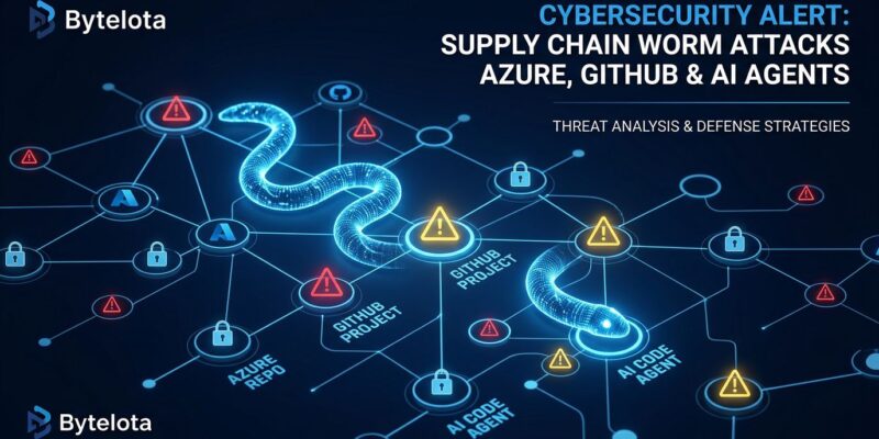 Digital network visualization showing the Miasma supply chain worm propagating through Microsoft Azure GitHub repositories, with warning symbols and lock icons on a dark blue background