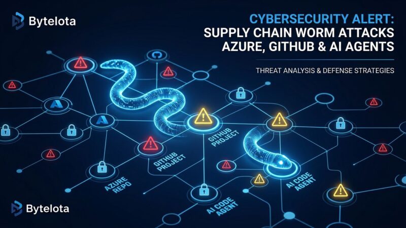 Digital network visualization showing the Miasma supply chain worm propagating through Microsoft Azure GitHub repositories, with warning symbols and lock icons on a dark blue background