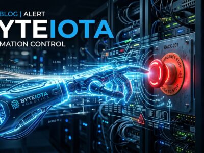AI agent reaching for a stop button on server infrastructure, representing autonomous AI security risks