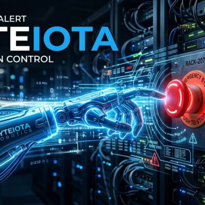AI agent reaching for a stop button on server infrastructure, representing autonomous AI security risks