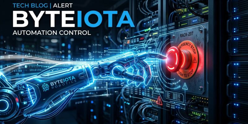 AI agent reaching for a stop button on server infrastructure, representing autonomous AI security risks