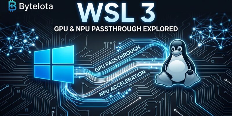 WSL 3 GPU NPU passthrough diagram showing Windows and Linux connected by blue data pathways