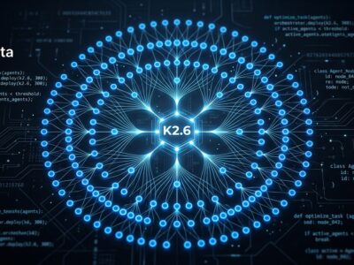 Kimi K2.6 open-weight AI model agent swarm network diagram showing 300 sub-agents orchestrated by a central coordinator