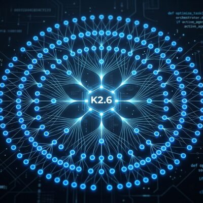Kimi K2.6 open-weight AI model agent swarm network diagram showing 300 sub-agents orchestrated by a central coordinator