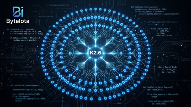 Kimi K2.6 open-weight AI model agent swarm network diagram showing 300 sub-agents orchestrated by a central coordinator