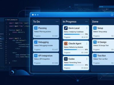 Devin Desktop Agent Command Center showing Kanban board with multiple AI coding agents