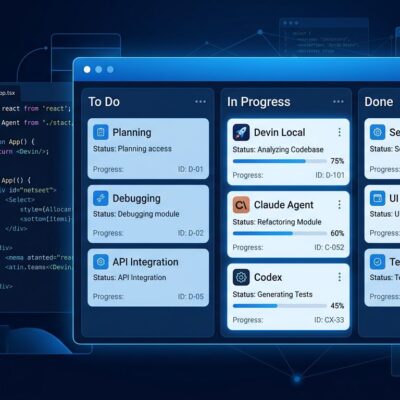 Devin Desktop Agent Command Center showing Kanban board with multiple AI coding agents