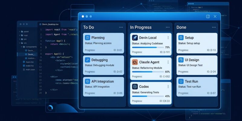 Devin Desktop Agent Command Center showing Kanban board with multiple AI coding agents