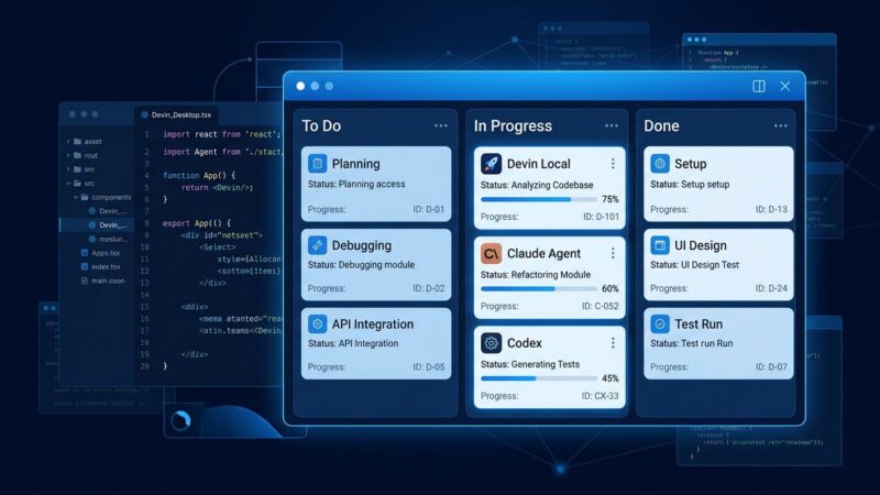 Devin Desktop Agent Command Center showing Kanban board with multiple AI coding agents
