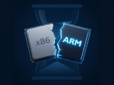 Fractured silicon chip representing the x86 to ARM transition as Rosetta 2 enters its final phase with macOS 27
