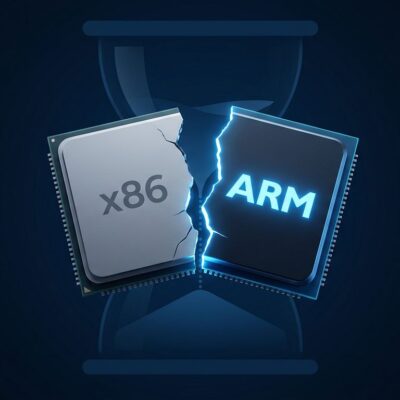 Fractured silicon chip representing the x86 to ARM transition as Rosetta 2 enters its final phase with macOS 27