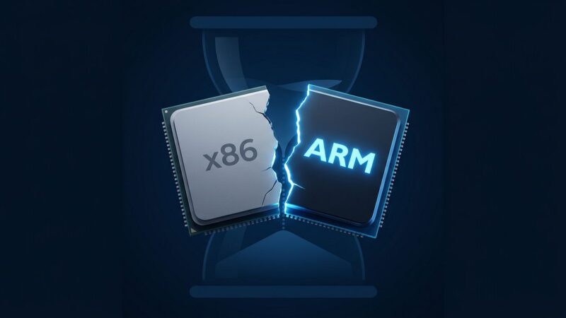 Fractured silicon chip representing the x86 to ARM transition as Rosetta 2 enters its final phase with macOS 27