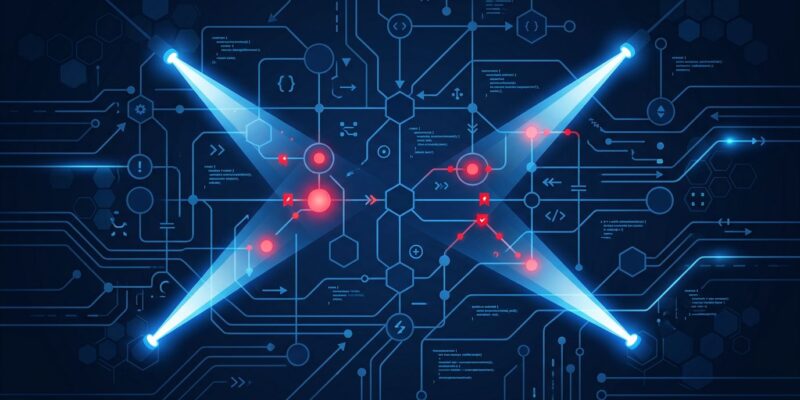 Abstract visualization of AI vulnerability scanning with Claude Mythos finding critical security flaws in open source projects