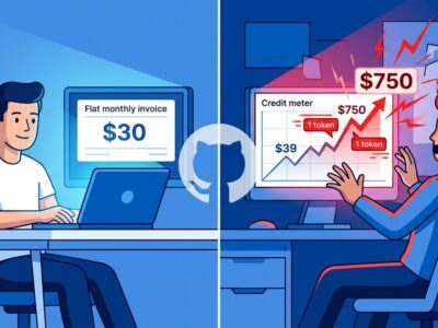 Split-screen illustration showing the GitHub Copilot billing shock: flat subscription on the left versus skyrocketing AI credit costs on the right