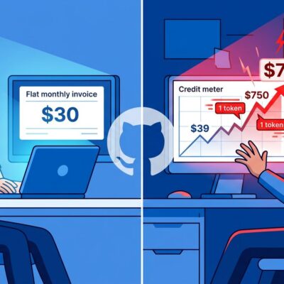 Split-screen illustration showing the GitHub Copilot billing shock: flat subscription on the left versus skyrocketing AI credit costs on the right
