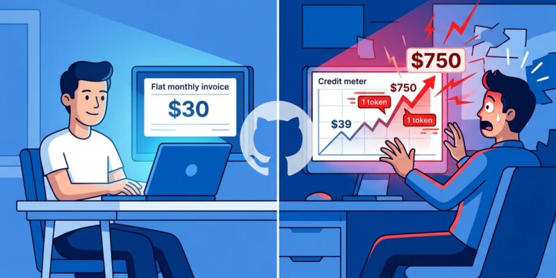 Split-screen illustration showing the GitHub Copilot billing shock: flat subscription on the left versus skyrocketing AI credit costs on the right