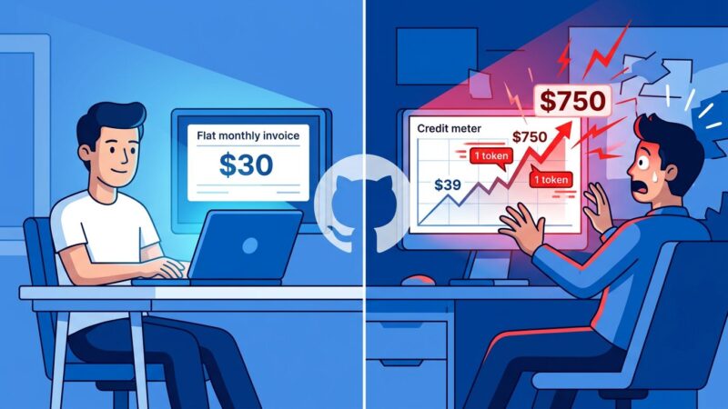 Split-screen illustration showing the GitHub Copilot billing shock: flat subscription on the left versus skyrocketing AI credit costs on the right