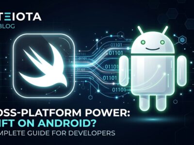 Swift programming language and Android logos connected by data streams, representing Swift 6.3 official Android SDK release