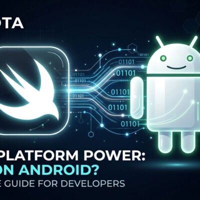 Swift programming language and Android logos connected by data streams, representing Swift 6.3 official Android SDK release