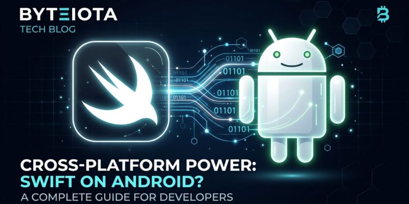 Swift programming language and Android logos connected by data streams, representing Swift 6.3 official Android SDK release