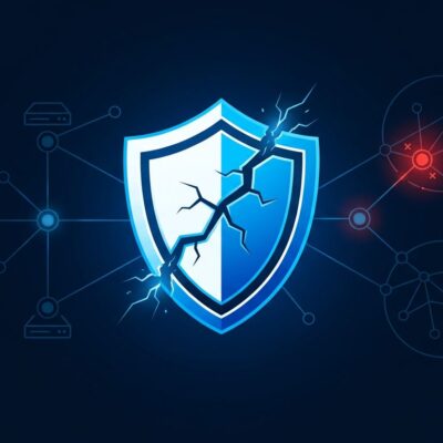 Cracked shield icon over a network diagram showing a compromised node, representing the Cisco SD-WAN CVE-2026-20245 zero-day vulnerability