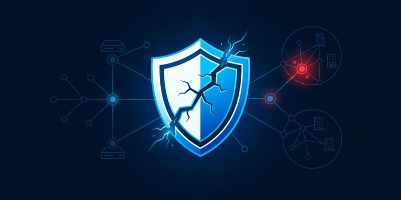 Cracked shield icon over a network diagram showing a compromised node, representing the Cisco SD-WAN CVE-2026-20245 zero-day vulnerability