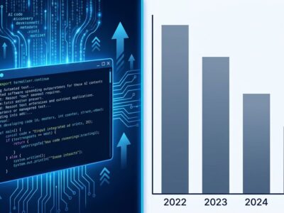 AI code generation automation on left, declining developer job posting chart on right, representing LLMs impact on software engineering careers