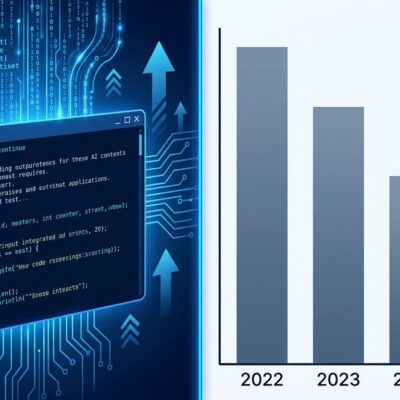 AI code generation automation on left, declining developer job posting chart on right, representing LLMs impact on software engineering careers
