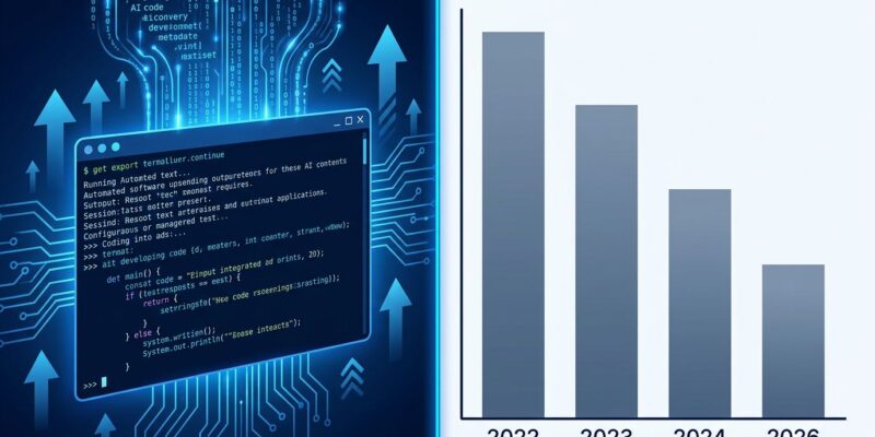 AI code generation automation on left, declining developer job posting chart on right, representing LLMs impact on software engineering careers