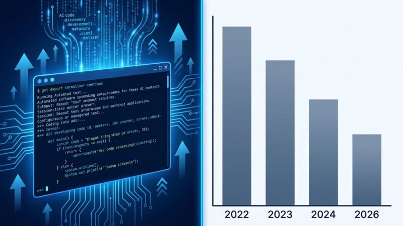 AI code generation automation on left, declining developer job posting chart on right, representing LLMs impact on software engineering careers