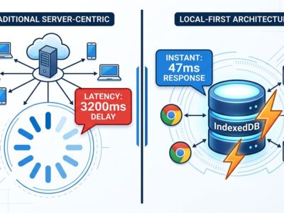 Split-screen comparison of traditional server-centric request-response web app versus local-first architecture with IndexedDB, showing 3200ms vs 47ms latency