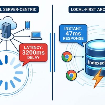 Split-screen comparison of traditional server-centric request-response web app versus local-first architecture with IndexedDB, showing 3200ms vs 47ms latency