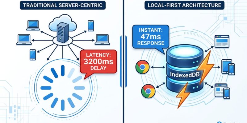 Split-screen comparison of traditional server-centric request-response web app versus local-first architecture with IndexedDB, showing 3200ms vs 47ms latency