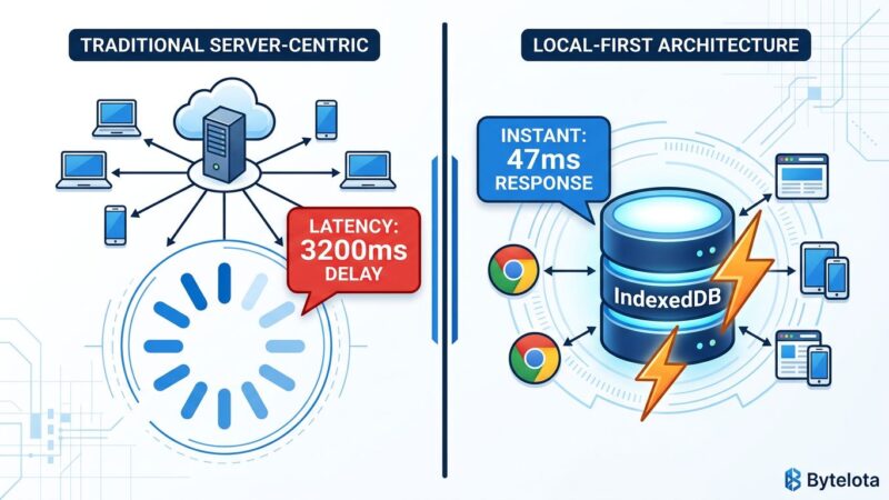 Split-screen comparison of traditional server-centric request-response web app versus local-first architecture with IndexedDB, showing 3200ms vs 47ms latency
