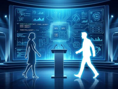 Leadership handoff illustration representing Tim Cook stepping down and John Ternus becoming Apple CEO at WWDC 2026