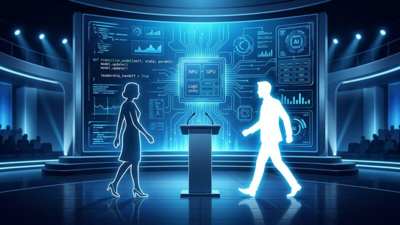 Leadership handoff illustration representing Tim Cook stepping down and John Ternus becoming Apple CEO at WWDC 2026
