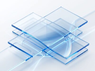 Abstract visualization of Apple Liquid Glass design system with translucent glass panels and blue refraction effects representing iOS 27 mandatory adoption