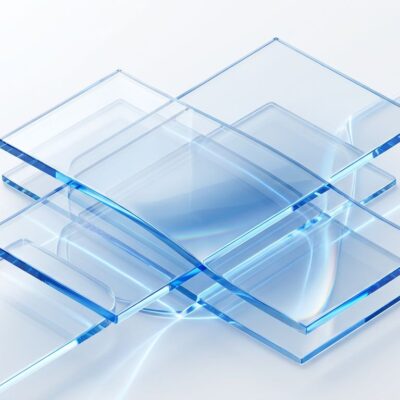Abstract visualization of Apple Liquid Glass design system with translucent glass panels and blue refraction effects representing iOS 27 mandatory adoption