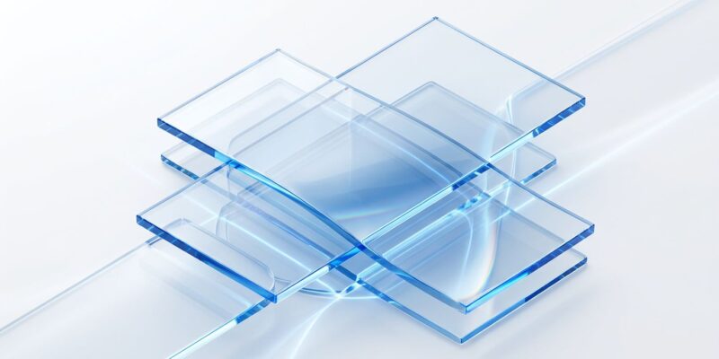 Abstract visualization of Apple Liquid Glass design system with translucent glass panels and blue refraction effects representing iOS 27 mandatory adoption