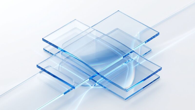 Abstract visualization of Apple Liquid Glass design system with translucent glass panels and blue refraction effects representing iOS 27 mandatory adoption