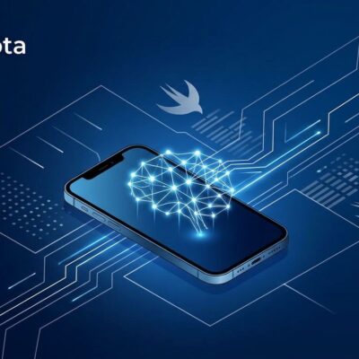 iPhone with glowing neural network connections representing Apple Foundation Models on-device AI inference