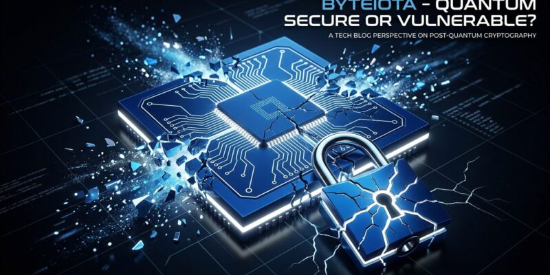Quantum circuit chip fracturing a padlock, representing the post-quantum cryptography threat from Microsoft Majorana 2