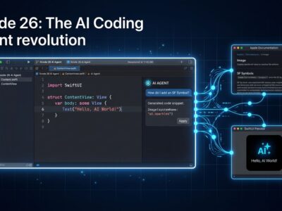 Xcode 26 IDE window showing AI coding agent with SwiftUI preview and Apple documentation search integration