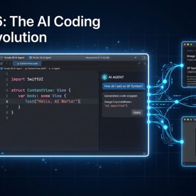 Xcode 26 IDE window showing AI coding agent with SwiftUI preview and Apple documentation search integration