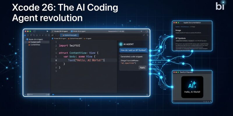 Xcode 26 IDE window showing AI coding agent with SwiftUI preview and Apple documentation search integration