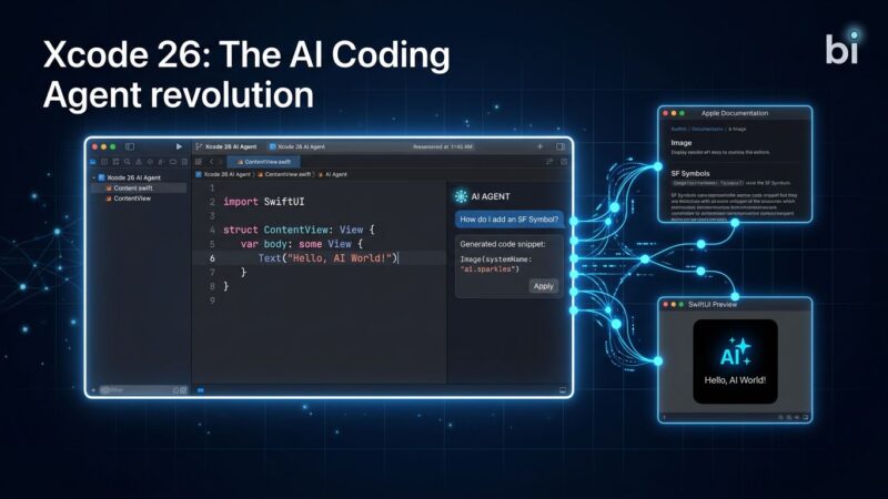 Xcode 26 IDE window showing AI coding agent with SwiftUI preview and Apple documentation search integration