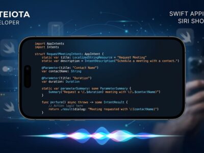 iPhone displaying Swift App Intents code with Siri waveform animation — SiriKit deprecated at WWDC 2026