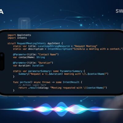 iPhone displaying Swift App Intents code with Siri waveform animation — SiriKit deprecated at WWDC 2026